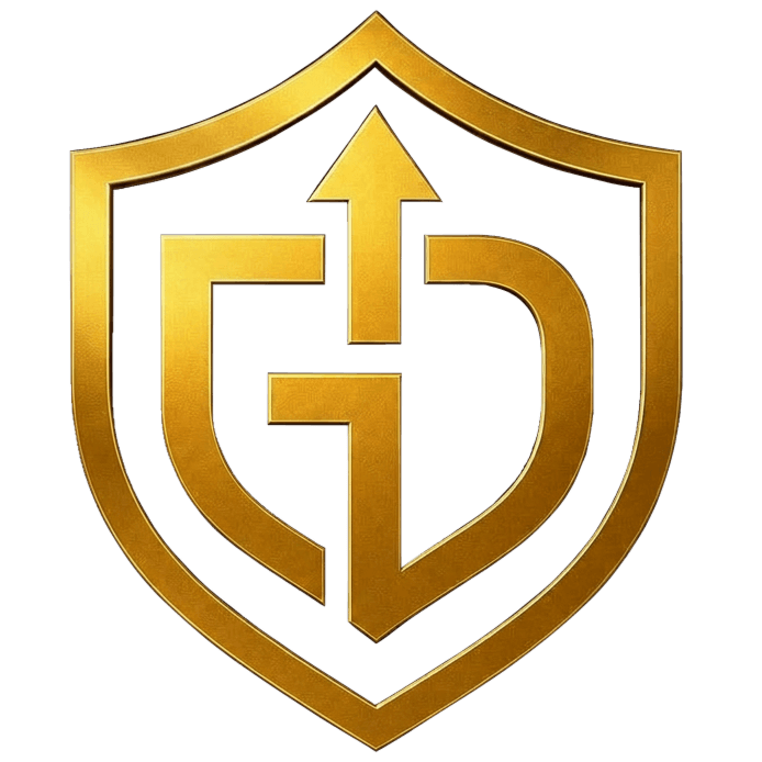 Golden Delivery — escudo dorado con monograma GD